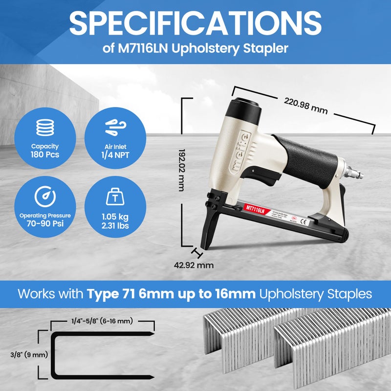 meite MT7116LN Pneumatic Upholstery Stapler 22 Gauge 71 Series 3/8" Crown 1/4" to 5/8" Length Long Nose Stapler - Image 2